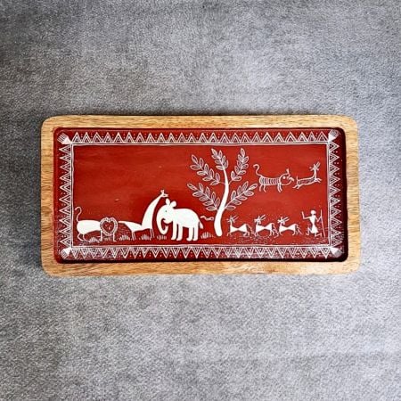 Handmade Mango Wood Warli Hand Painted Serving Tray